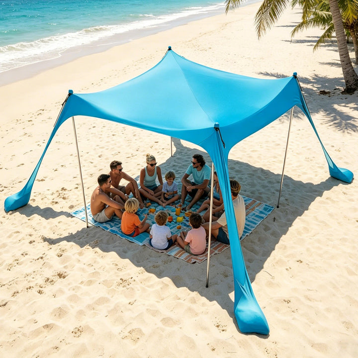 Sonnensegel Strand mit Sandsäcke Lycra UPF 50+ Strandzelt Sonnenschutz Windfest Strandzelt mit 4 Alu