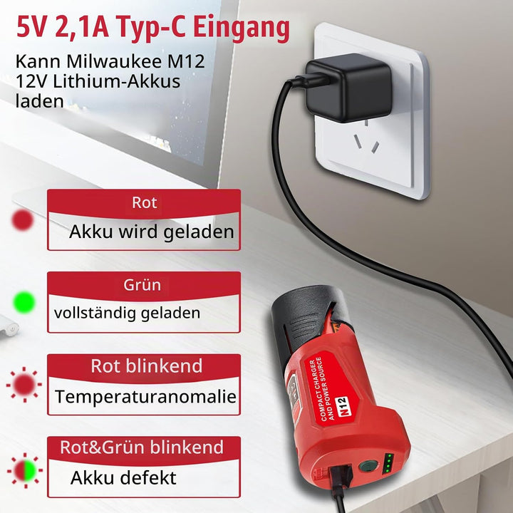 Upgrade für M12 USB Power Source Ladegerät Adapter, für Milwaukee 12V Akku, Typ-C Eingang, USB Ausga