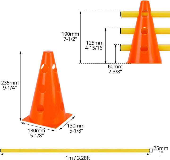QWORK® Sports Steckhürdenset 12 Kegel + 6 Stangen Agility,23cm Höhe, 100cm Länge, Steckhürdenset für