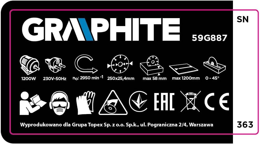 GRAPHITE Fliesenschneidemaschine 1200W, Geschwindigkeit 2950/min-1, Gehrungsbereich 0° ÷ 45°, max. S