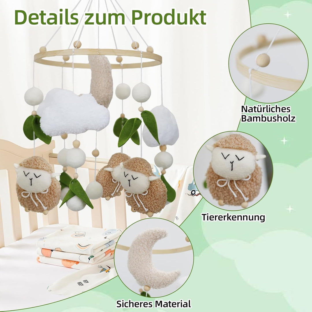 Lamm Mobile Baby Windspiele, 3D Schafe Mond Wolken Mobile Baby Holz mit Filzbällen, Bettglocke Anhän