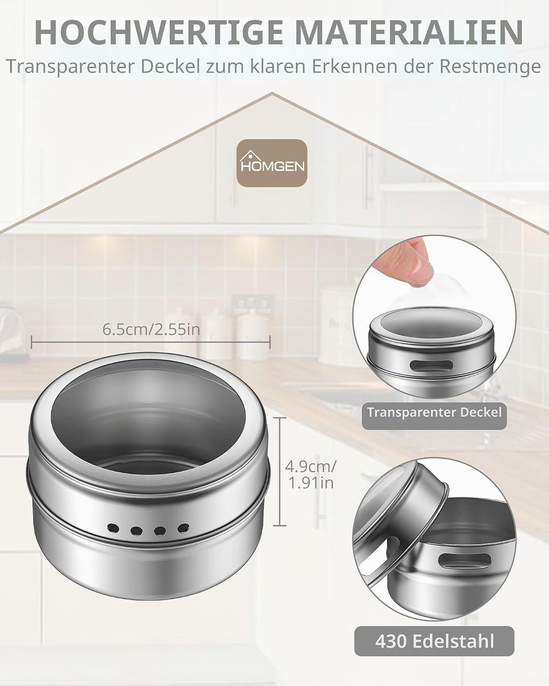 HOMGEN Gewürzdosen Magnetisch 8 Stück Edelstahl Gewürzgläser Set Magnet 100ml Gewürze Spice Jars Mag