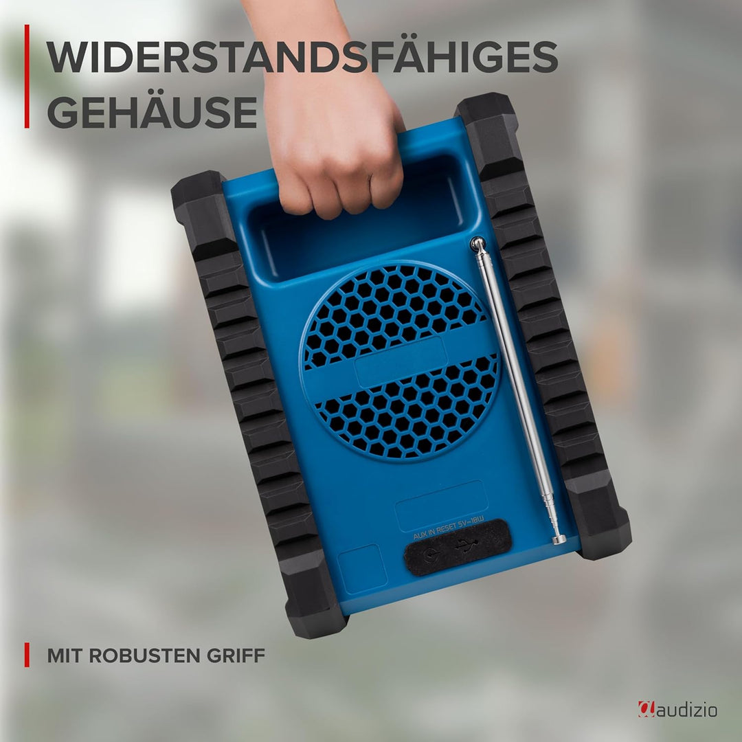 Audizio Jobsite - Baustellenradio DAB Plus Radio mit Bluetooth 5.0, Akku 8h, 100 Watt Leistung, IP54