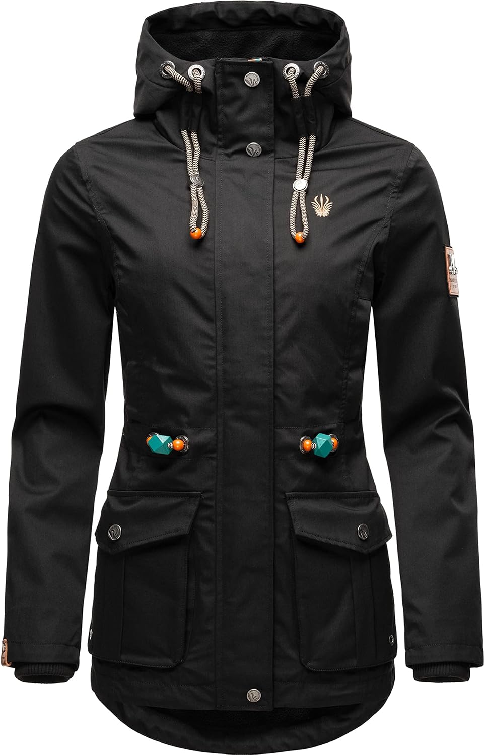 MARIKOO Damen Parka Übergangs-Jacke leicht gefüttert mit Kapuze Babetaa XS-3XL XS Schwarz, XS Schwar