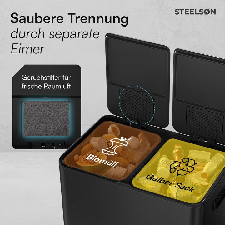 STEELSØN Elyron Mülleimer 2 Fächer – Mülltrennsystem Küche 2x30L aus Edelstahl Schwarz – Tretmülleim
