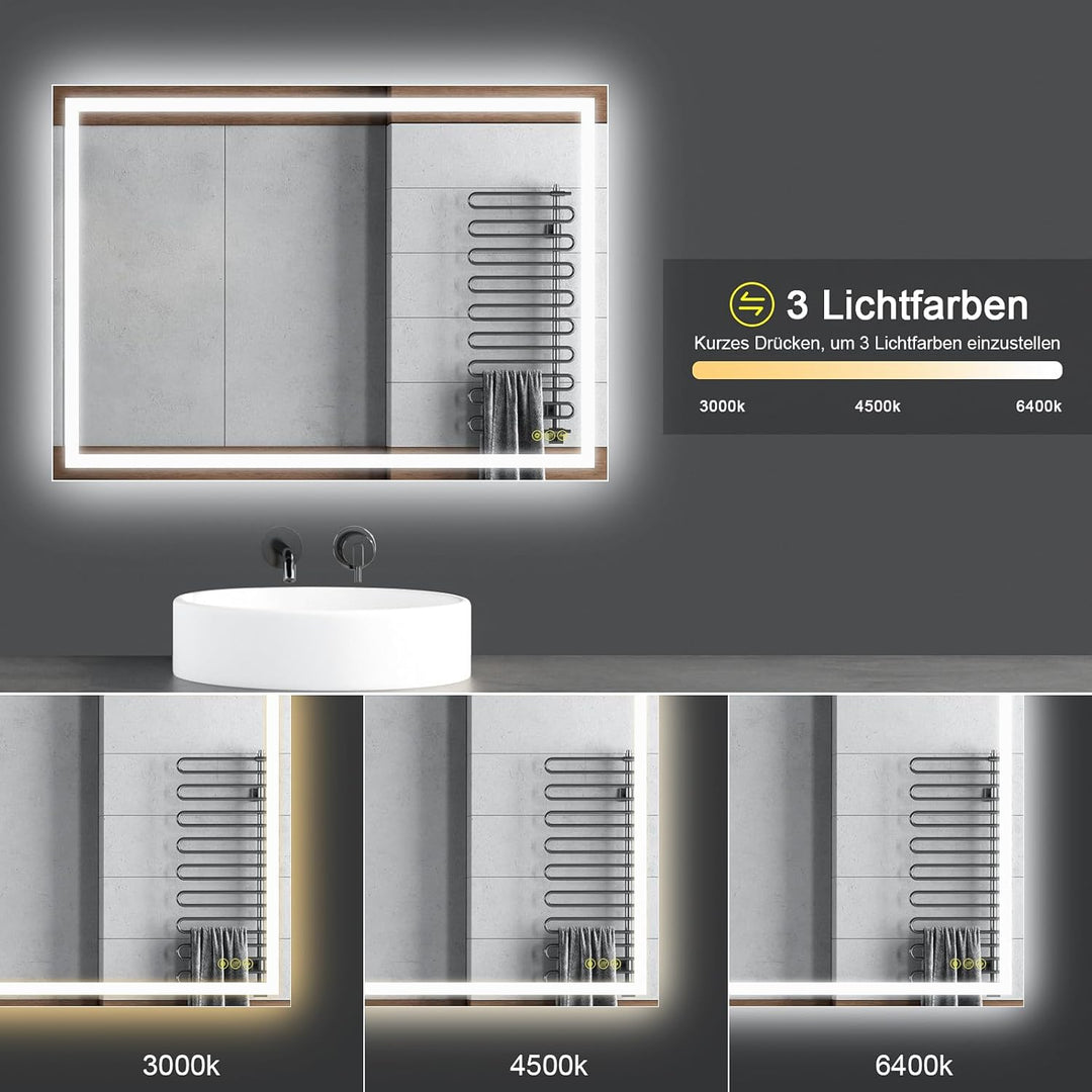 AI-LIGHTING Badezimmer Spiegel mit Led 50×70 cm Badspiegel mit Beleuchtung mit Touch-Schalter 3 Lich