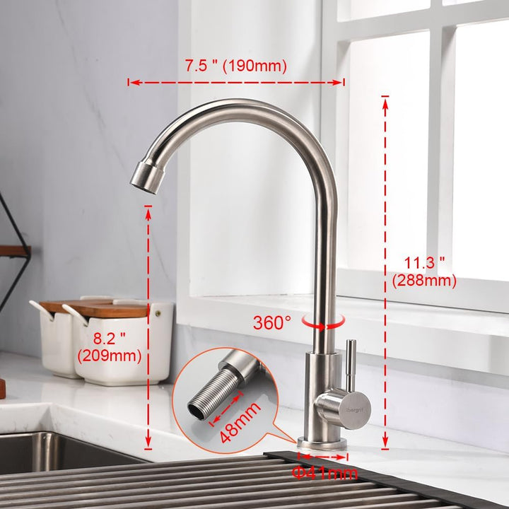 IBERGRIF Kaltwasserhahn Küche, Küchenarmatur Edelstahl, 360° schwenkbar, Küchenarmatur mit 50cm Ansc