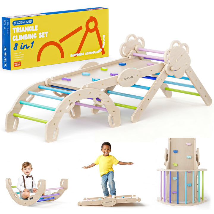 COSYLAND Klettergerüst Indoor L – Grosses Kletterdreieck Set mit Kletterbogen & Rutsche – 8-in-1 Mas
