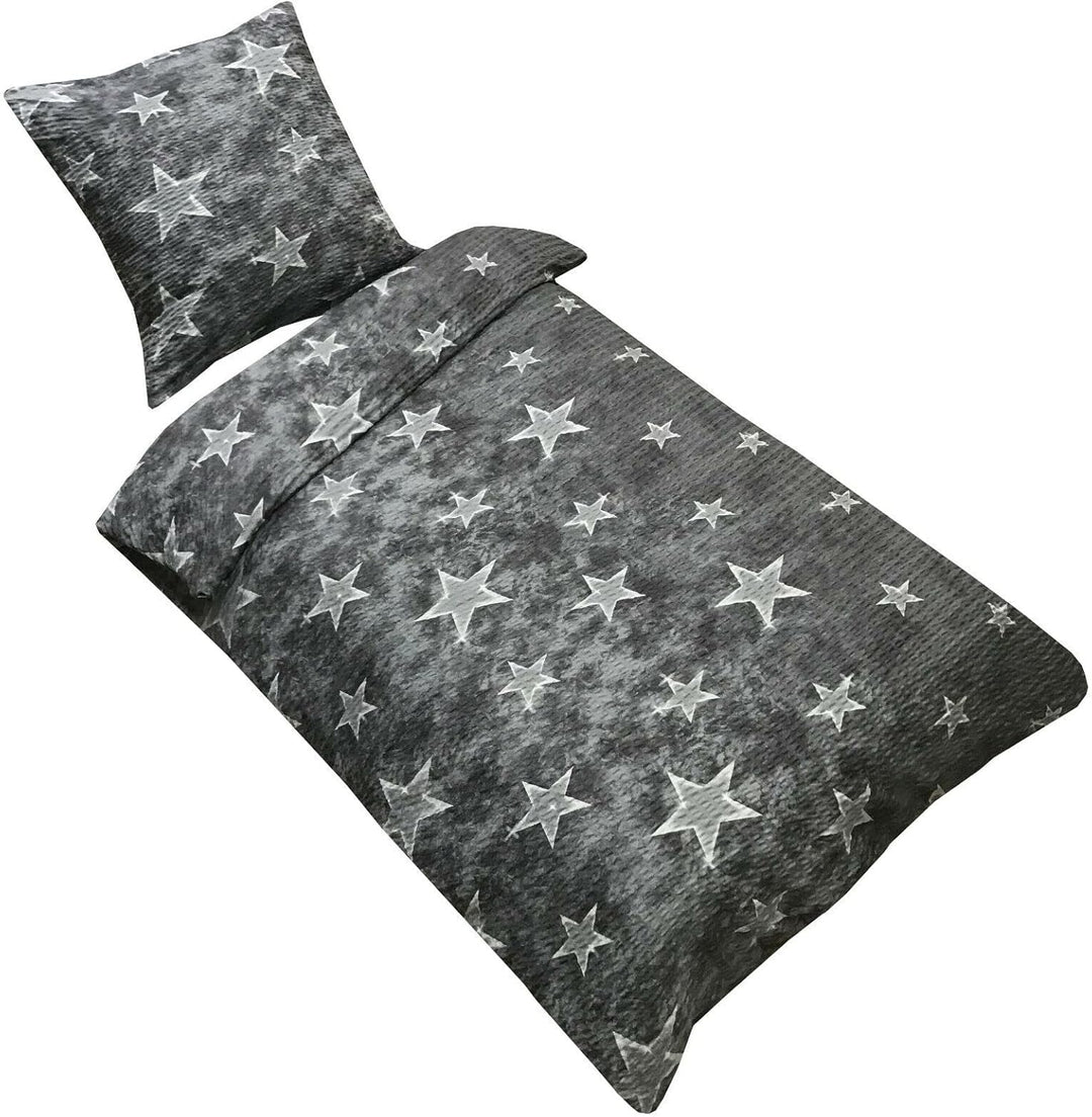 Leonado Vicenti 4 TLG Bettwäsche Seersucker Sterne Grau 135x200 cm Schlafzimmer Set Bezug Kissen Dec