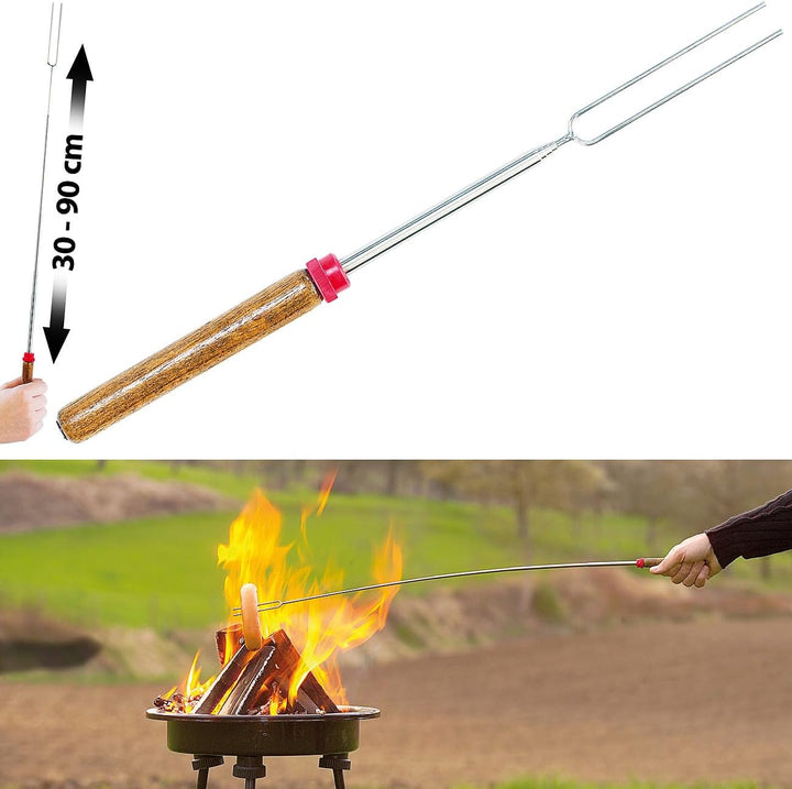 infactory BBQ-Teleskopbesteck: 8er-Set Teleskop-Grillspiess & -Gabeln mit Holzgriff, ausziehbar, 90