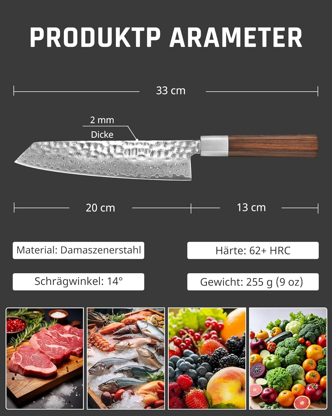 YOTSUBA Damastmesser Kochmesser, Profi Küchenmesser Messer Klingenlänge 20 cm Chefmesser Allzweckmes