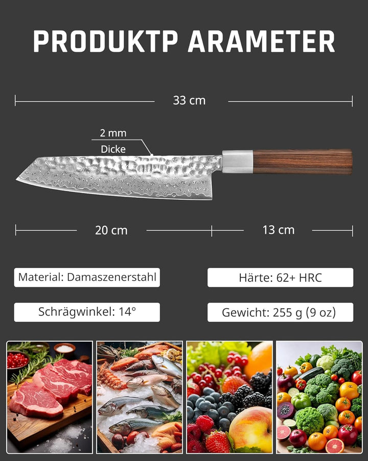 YOTSUBA Damastmesser Kochmesser, Profi Küchenmesser Messer Klingenlänge 20 cm Chefmesser Allzweckmes