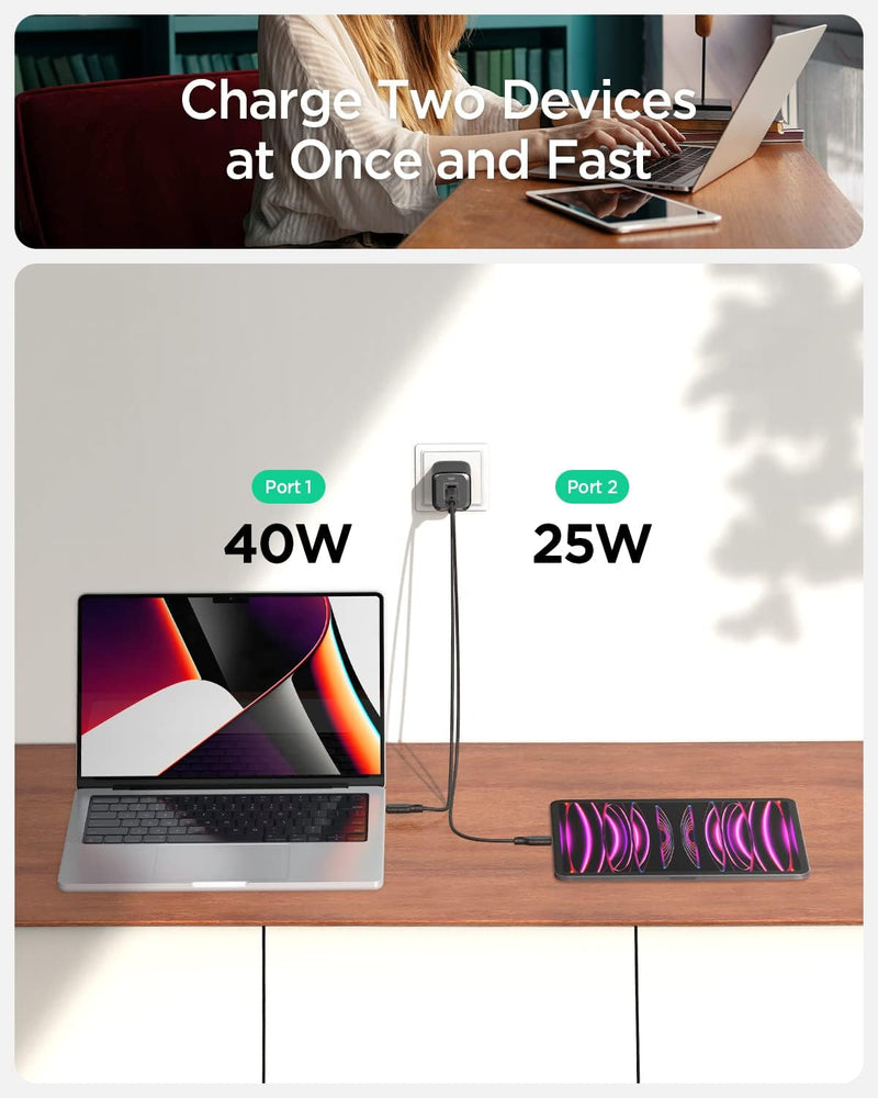 Spigen GaN III 652 Total 65W 2 Ports Dual USB C Wandladegerät PD 3.0 PPS Ladeblock Adapter Kompatibe