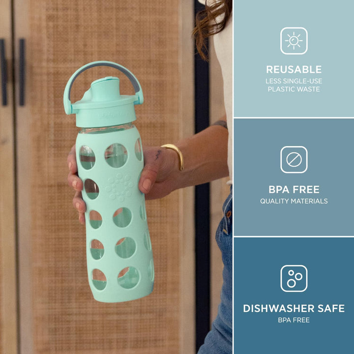 Lifefactory Active Flip Cap Glas-Wasserflasche, 625 ml, Minzgrün, 651 ml Mint
