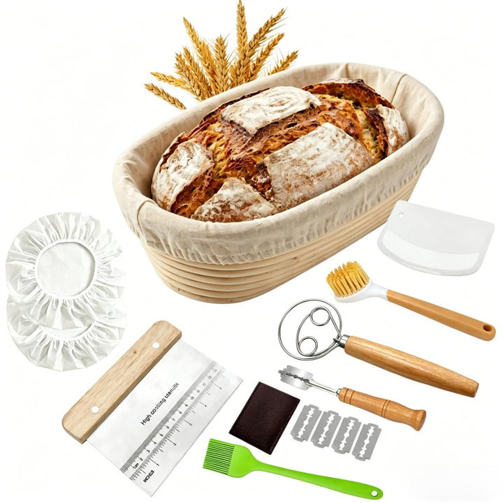 Gärkörbchen Set rund 23 cm aus natürlichem Rattan, Komplettes Brotbackset mit Bäckermesser, Teigscha