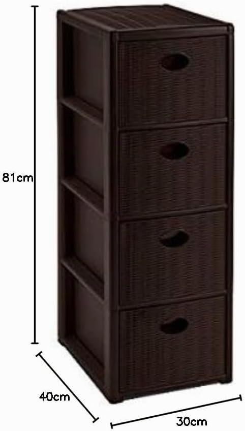 Rollbarer Schubladenschrank aus Kunststoff in Rattan-Optik mit 4 Schubladen. Masse: 30x40x81 cm. In