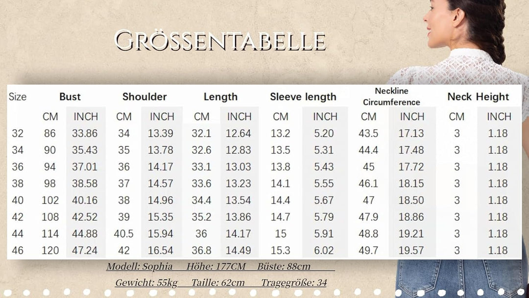 Dirndlwelle Dirndl Bluse Langarm Damen,Dirndlbluse 3/4 Arm Klassisch Rundhalsausschnitt Trachtenblus