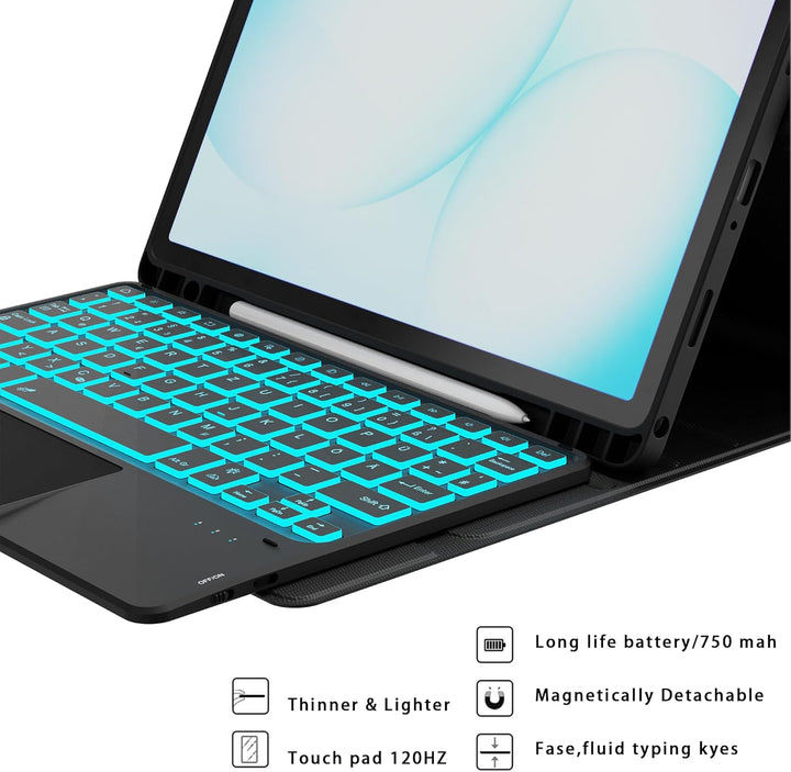 ROOFEI Für Galaxy Tab A11+/A9+ Hülle mit Tastatur - 7 Farben Beleuchtung Abnehmbare Trackpad Tablet