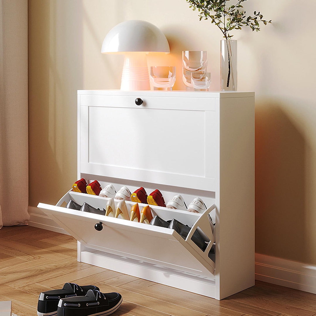 VOWNER Schuhschrank mit 2 Klappen, Schuhregal Schuhkipper Schmal, mit 4 Fächern, Schuhschrank Weiss,