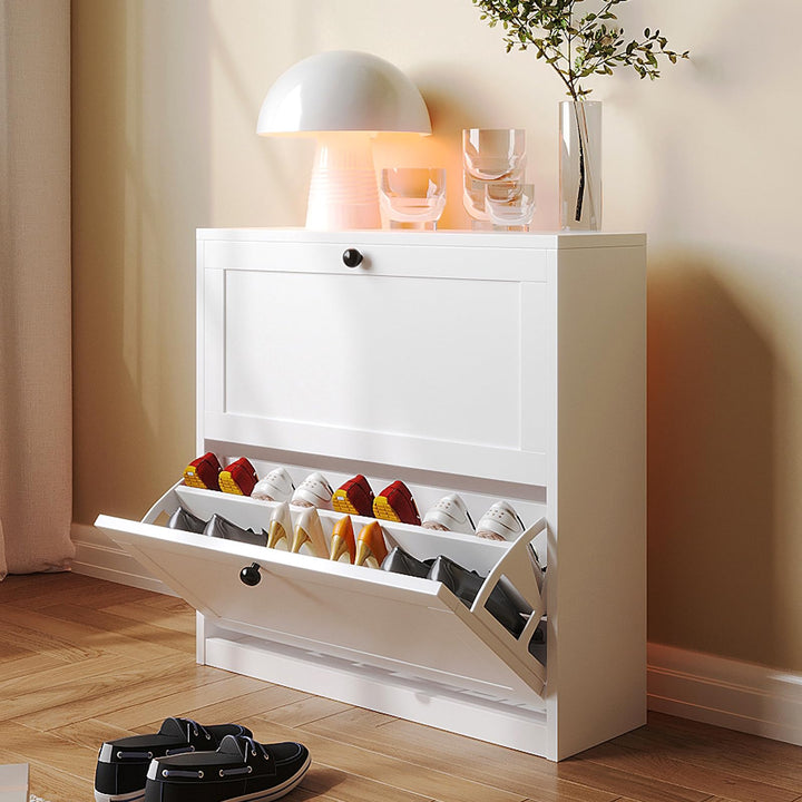 VOWNER Schuhschrank mit 2 Klappen, Schuhregal Schuhkipper Schmal, mit 4 Fächern, Schuhschrank Weiss,