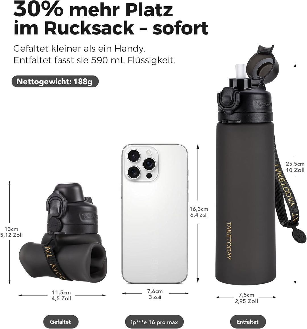 TakeToday Faltbare Trinkflasche 600 mL, zusammenklappbare Wasserflasche aus Platin-Silikon mit Stroh