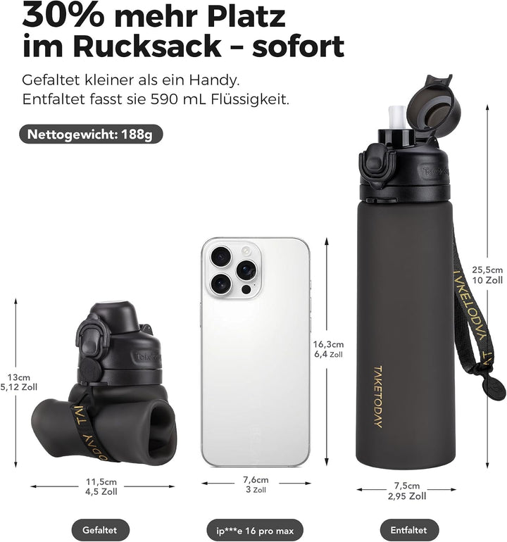 TakeToday Faltbare Trinkflasche 600 mL, zusammenklappbare Wasserflasche aus Platin-Silikon mit Stroh