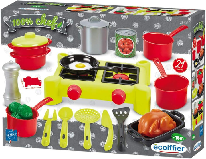 Ecoiffier - Campingkocher für Kinder - platzsparende Spielküche mit viel Zubehör, 21 Teile, Grill, T