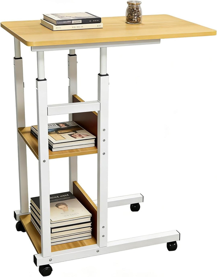 MYKAGS C-förmig Verstellbarer Couchettisch mit verschliessbaren Rollen und 2 Aufbewahrungsregalen, T