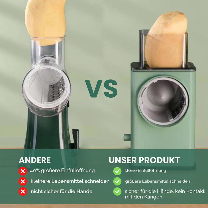 Rotierende Kartoffelreibe Küche Mandoline 3 in 1. Gemüseschneidetrommel, 3 Edelstahlklingen. Käserei