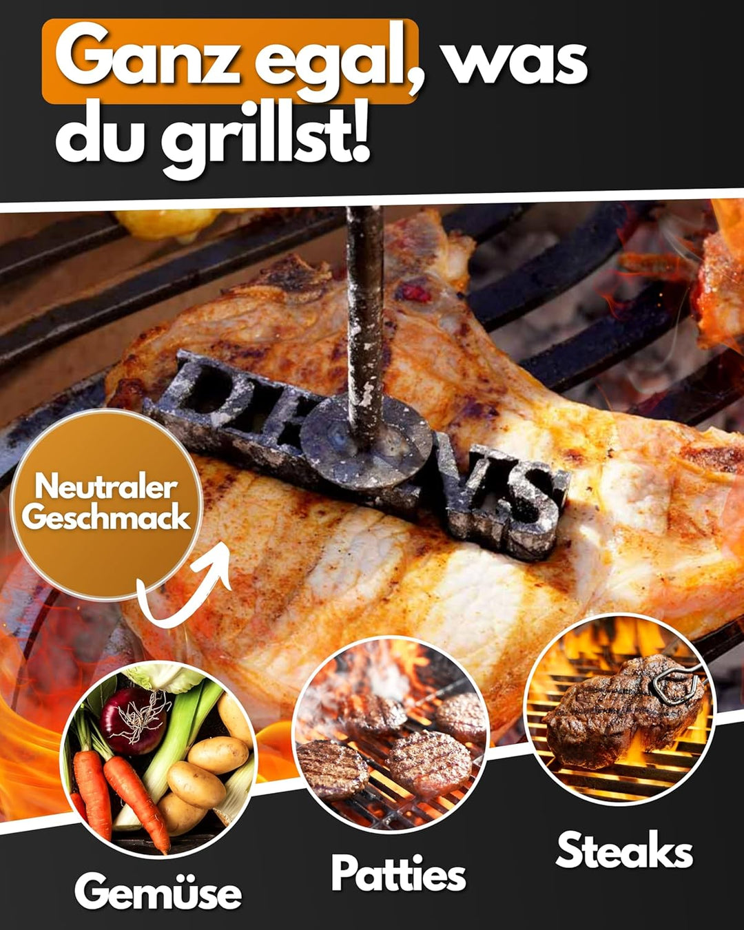 Feuerfest 123 Brennstempel mit Deins-Motiv I 8,2 x 1,8 x 35 cm I Hochwertiger Grill-Stempel aus robu