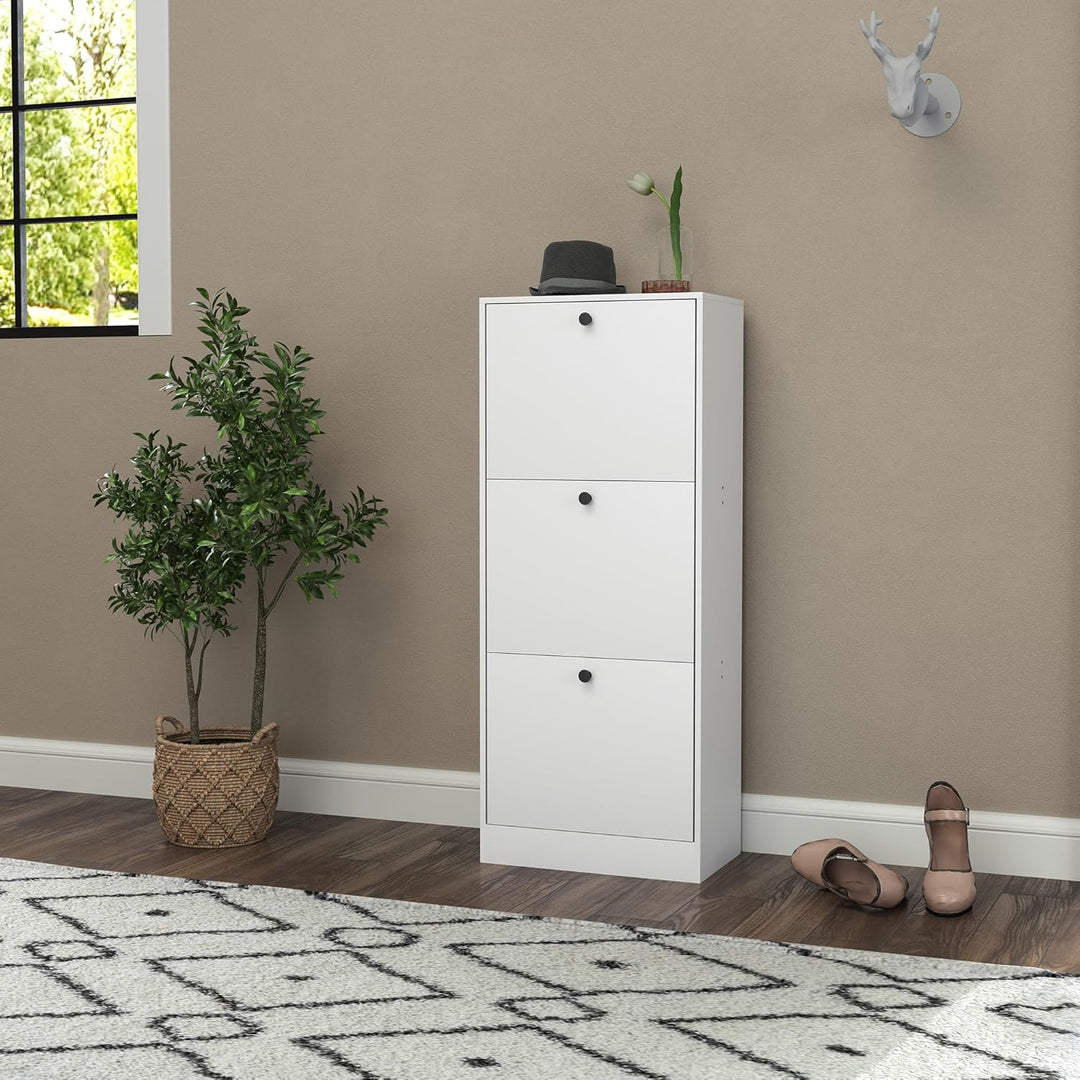 HOMCOM Schuhschrank mit 3 Klappen, Schuhregal mit Verstellbar Trennwand, Schuhkommode Schmal Schuhki