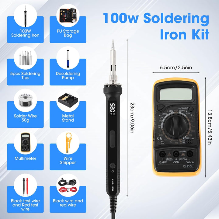 Lötkolben Set, 100W LED Einstellbar Temperatur Lötset, Elektrischer Lötstation mit Lötdraht,5 Lötspi