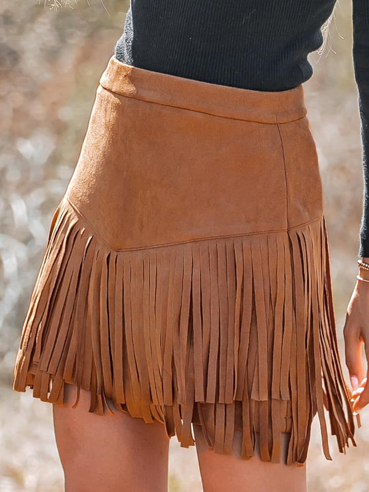 CUPSHE Damen Rock High Waist Fransen Wildleder Kurze Röcke Minirock Freizeitrock Wildlederimitat Wes