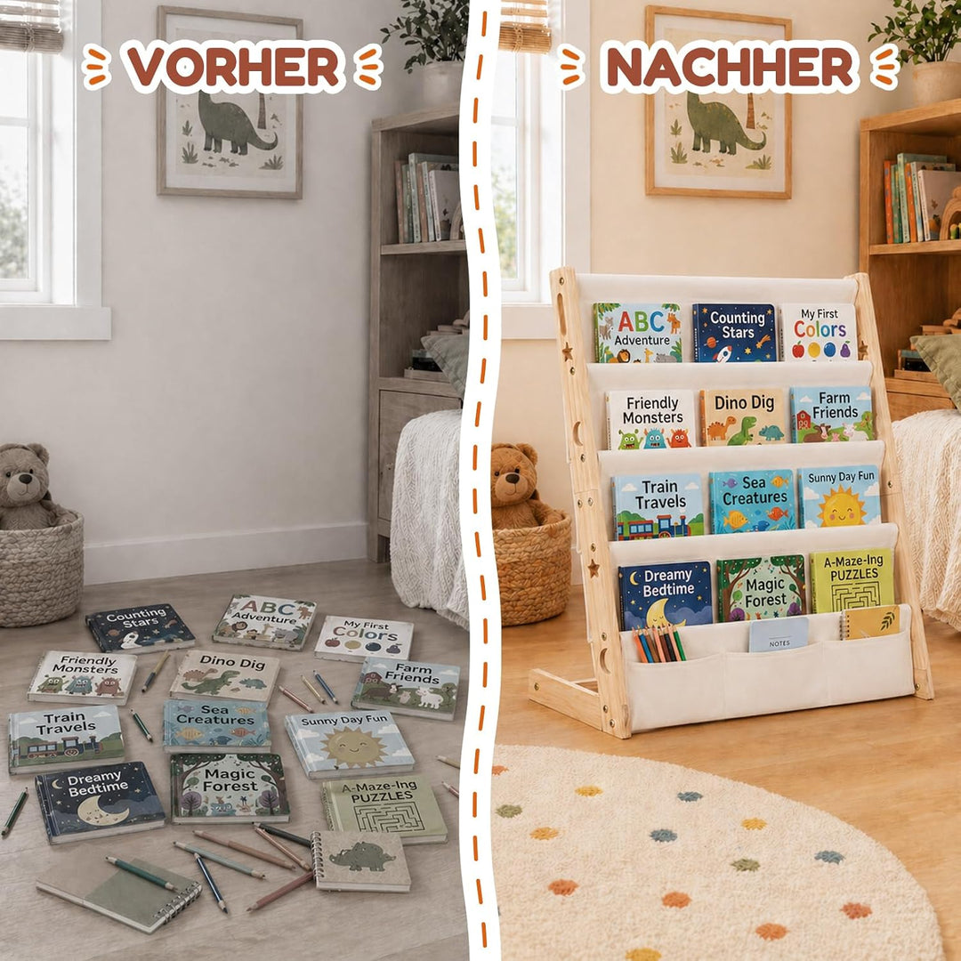 COSYLAND Bücherregal Kinder aus Kiefernholz, 4 Tiefe Fächer für Übersicht | Cover frontal sichtbar,