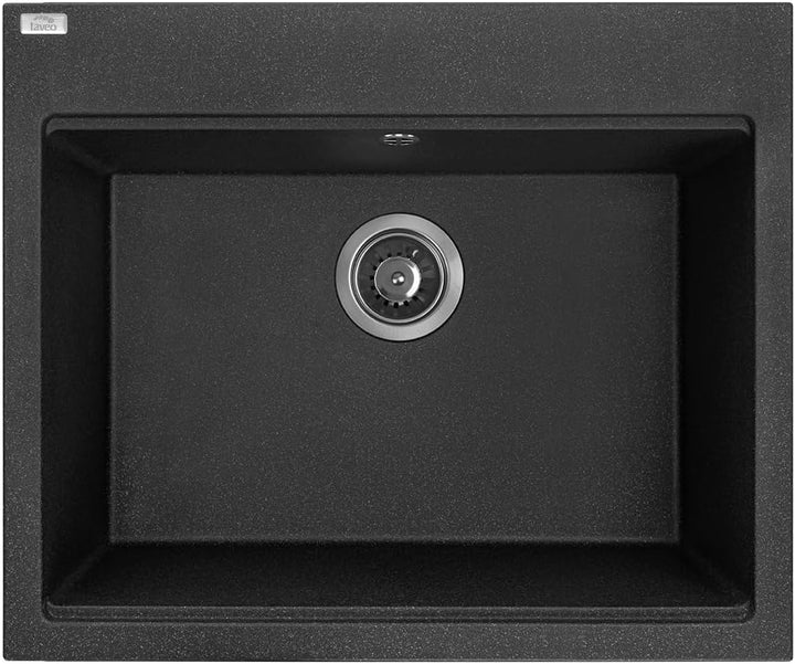 VBChome Spülbecken mit Armatur 60 x 50 cm Schwarz Einzelbecken Granit Rechteckig Einbauspüle Gespren