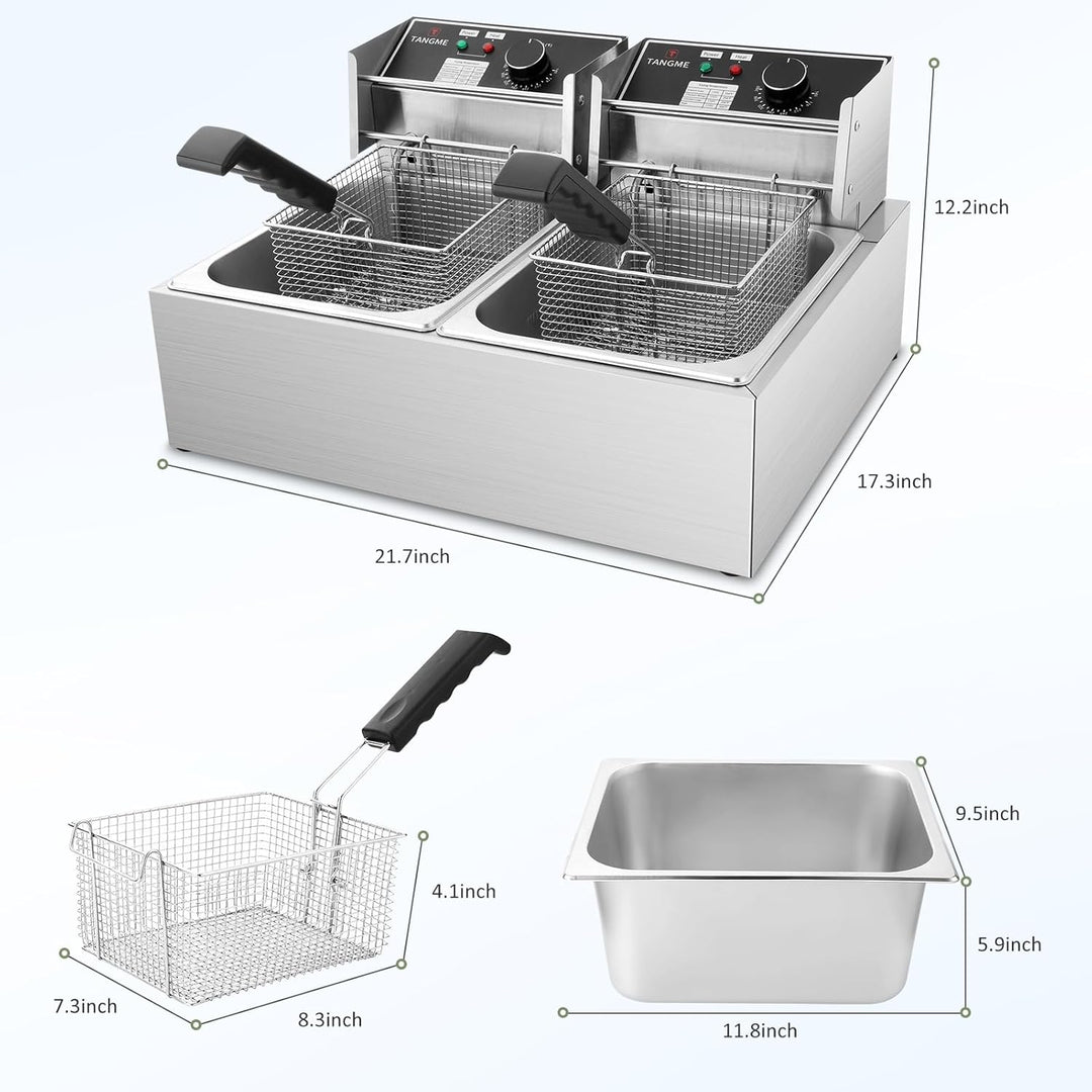 TANGME Kommerzielle Fritteuse, 5000W Elektrische Fritteuse mit 2x6L Körben 0,8mm Edelstahl Doppelter