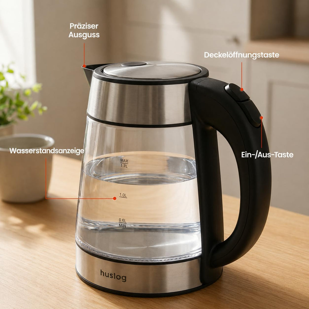 Wasserkocher Glas 1,7 Liter, 2200 Watt, LED-Beleuchtung, 100% BPA Frei, Verdicktes Glas Wasserkocher