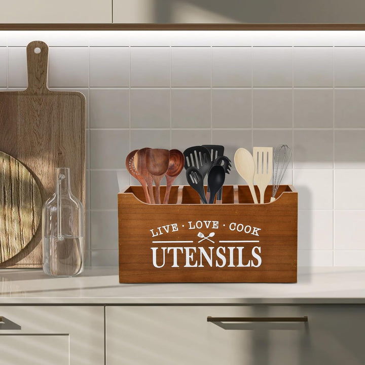 Karisky Kitchen Utensilhalter mit Drainageboden, grosse 3 Fächer fester echtes Holz Utensil Organize