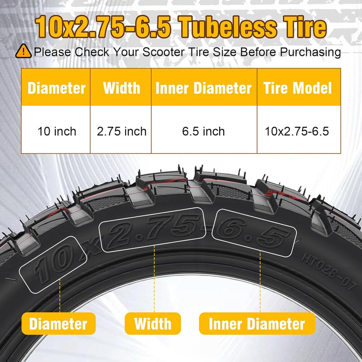 10x2.75-6.5 Tubeless Reifen mit Ventil, E Scooter Reifen Off-Road Vakuumreifen, 10 Zoll Ersatzräder