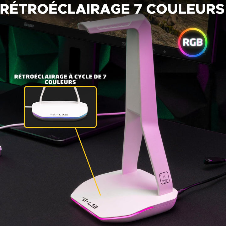 The G-lab – K-Stand Hydrogen – Gaming Kopfhörer Ständer – RGB mit 7 Farben, EIN/Aus-Schalter, 2X USB