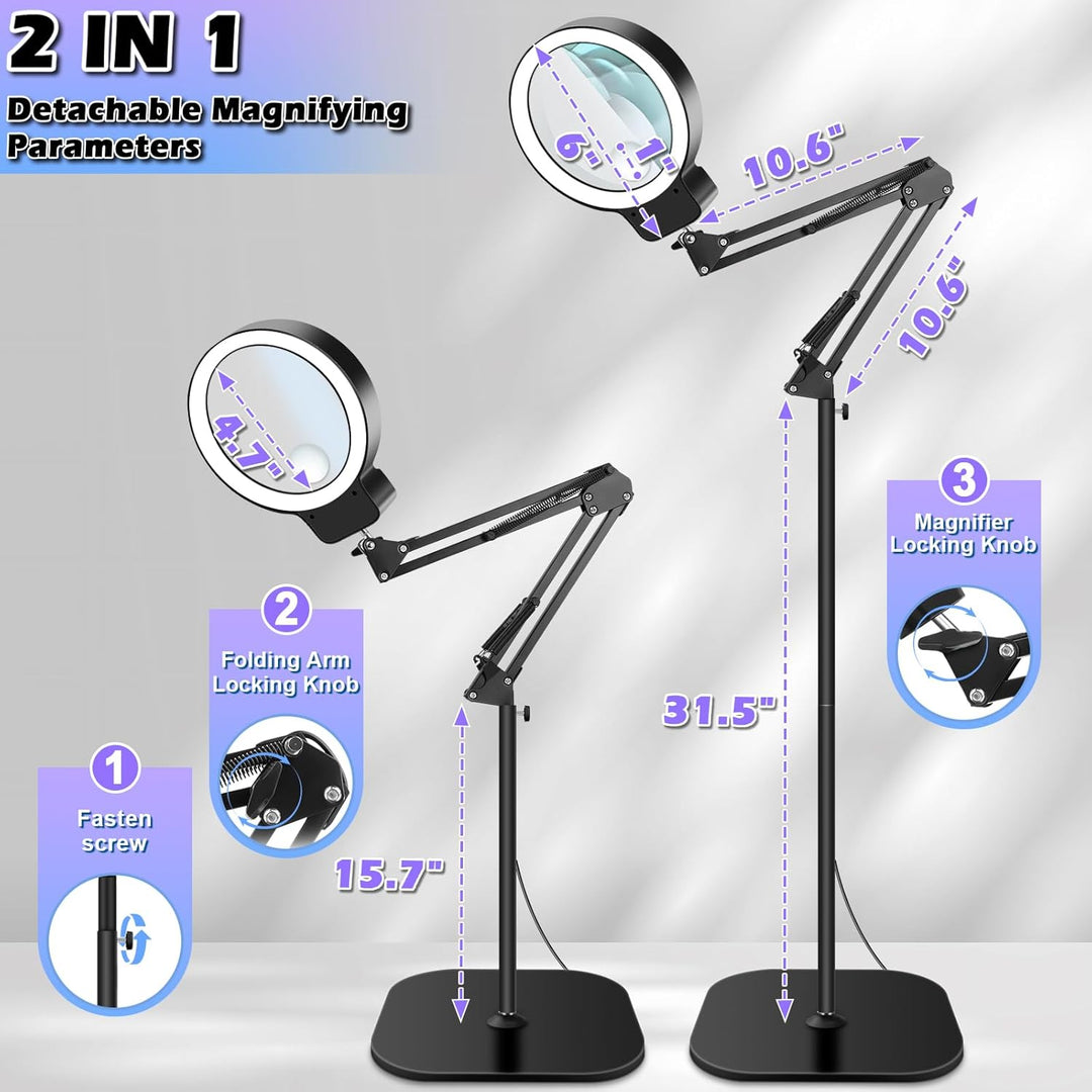 NZQXJXZ 10X Lupe mit Licht und Ständer, 2-in-1 Lupenlampe mit 72 Einstellbaren Helligkeits-LEDs, 3 F