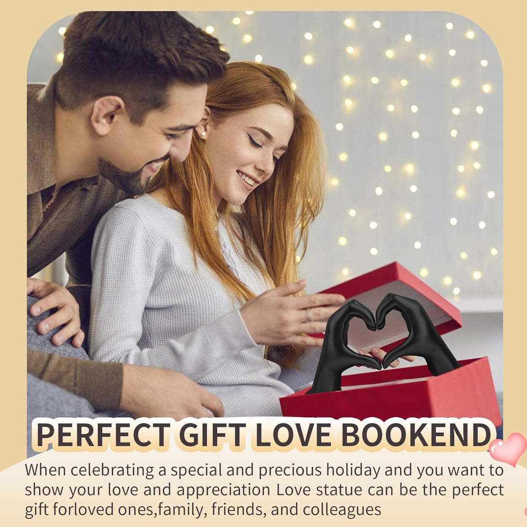 Schwarz Buchstützen Set aus Resin - Herz & Hände Skulptur als Buchstütze, dekorative Bookends für Bü