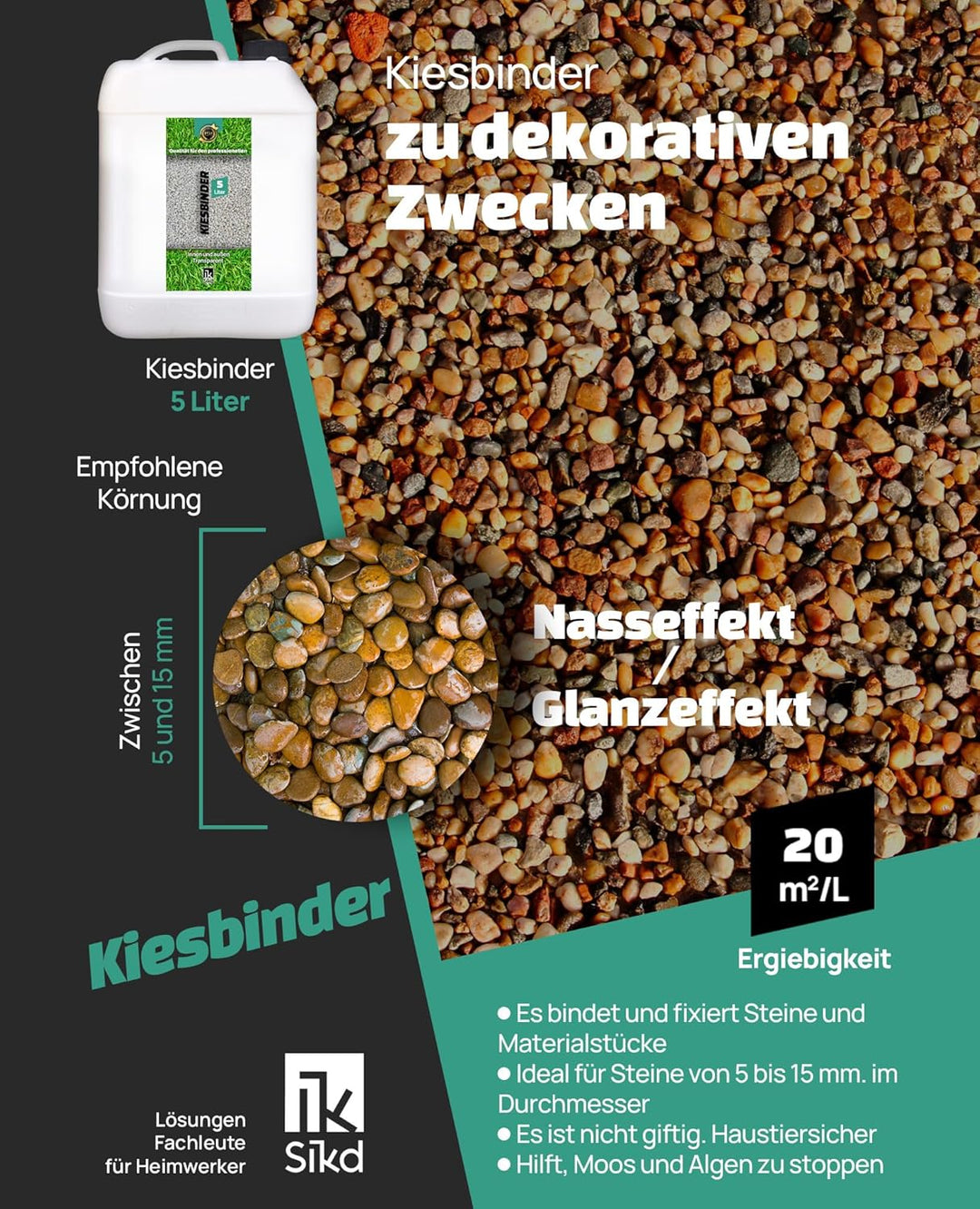 Sikd - Bindungsfixierer Verdichter von losen Steinen und Kies 5L. Löst das Ausbreiten von Kies, Stei
