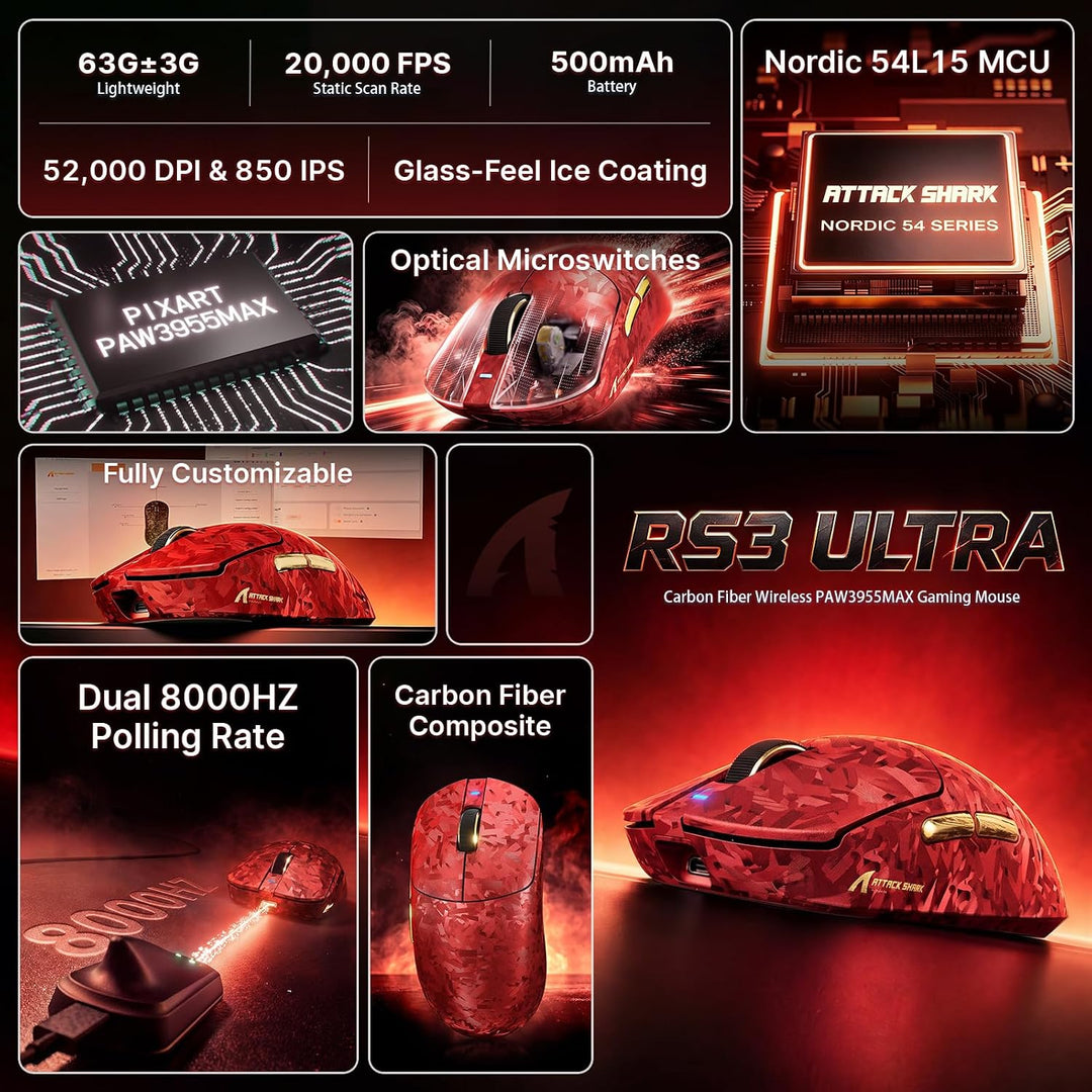 ATTACK SHARK RS3 Ultra Kabellose Gaming Maus, PAW3955MAX Sensor, Nordic 54L15 Chip, Kohlefaser, 8K P
