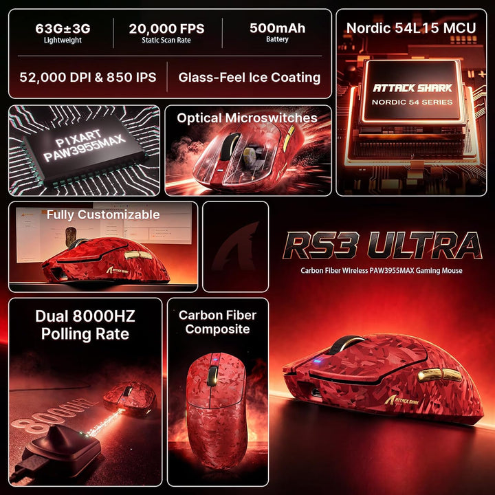 ATTACK SHARK RS3 Ultra Kabellose Gaming Maus, PAW3955MAX Sensor, Nordic 54L15 Chip, Kohlefaser, 8K P