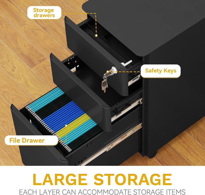 DWVO 3 verschliessbare Schubladen Metall Aktenschrank, Mobile Aktenschrank für Home Office, Unter Sc