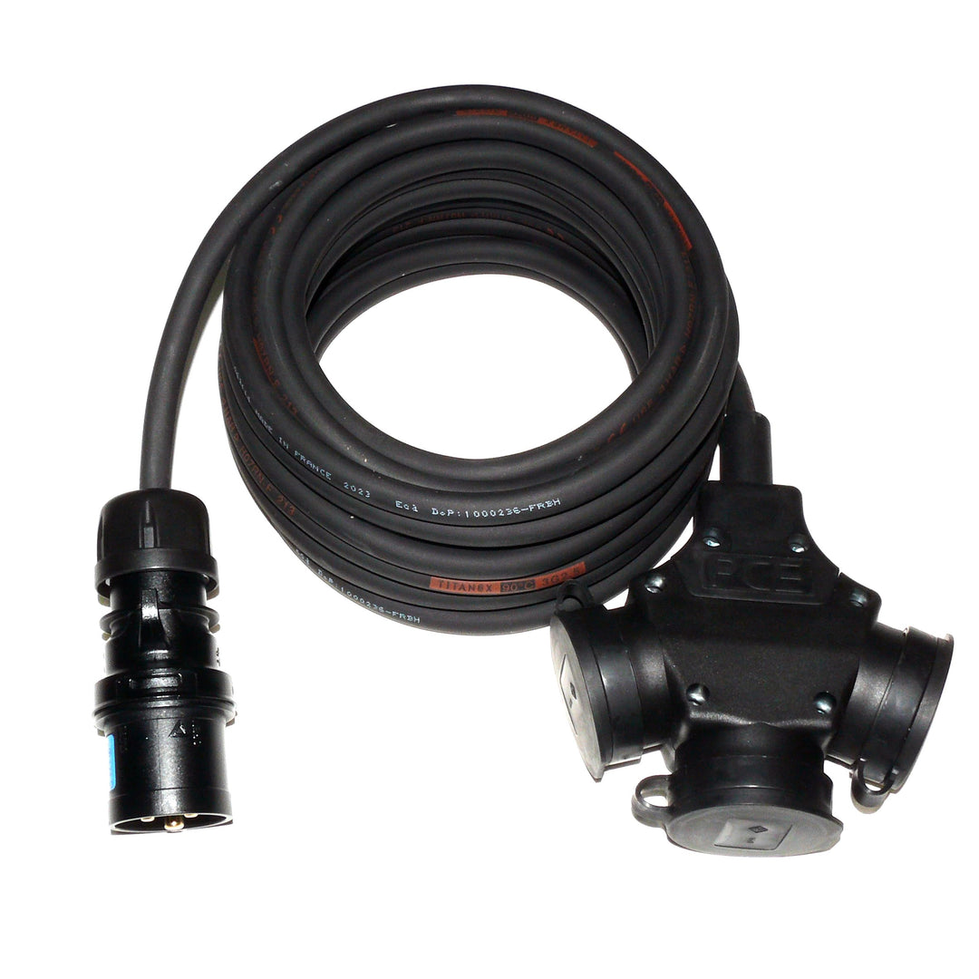 CEE-Stecker auf Schuko-Verteilung 3-Fach (1,5m-50m) 16A Verlängerungskabel Titanex H07RN-F 3x1,5mm²