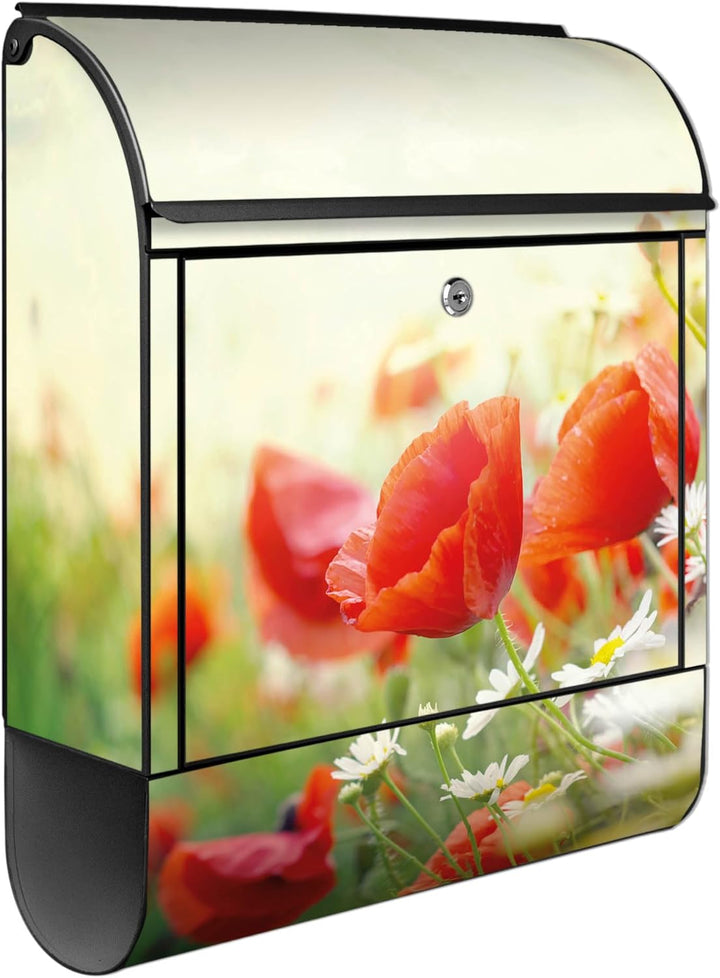 banjado® Design Briefkasten mit Motiv Kamille Und Mohn 39x47x14cm &amp; 2 Schlüssel - Briefkasten Stahl