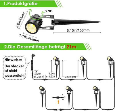 B-right Gartenbeleuchtung 6 in 1 Gartenleuchte mit Erdspiess, 6er Set 3W Gartenstrahler mit Stecker,