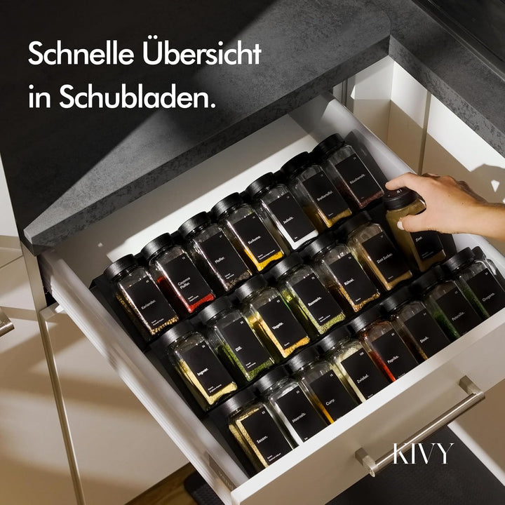 KIVY Gewürzgläser mit Streueinsatz [24x 120ml] + 240 Wasserfeste Label - Luftdichte Gewürzgläser eck